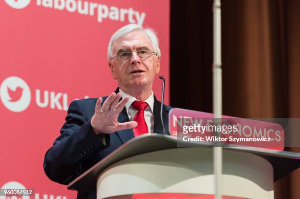 Shadow Chancellor John McDonnell speaks at Labour's annual day conference on the economy at Imperial College in central London. May 19, 2018 in...