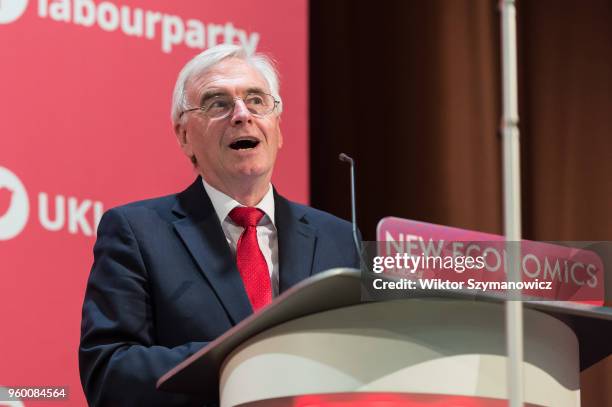Shadow Chancellor John McDonnell speaks at Labour's annual day conference on the economy at Imperial College in central London. May 19, 2018 in...