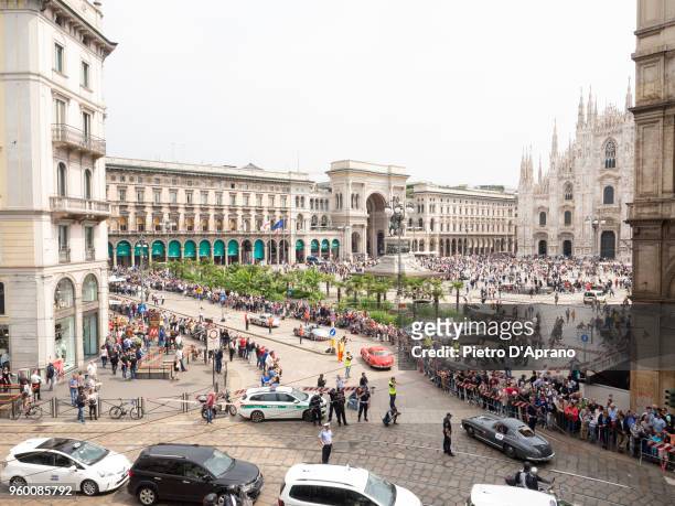 General view Participants pass through the city centre of Milan during 1000 Miles Historic Road Race on May 19, 2018 in Milan, Italy.