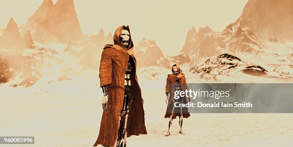 Raggod Robe Two Robots Wearing Ragged Torn Robes Stand In Mountainous Bleak ...