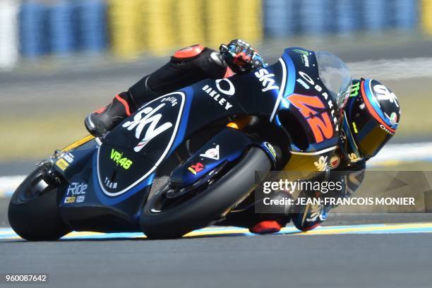 Kalex Sky Racing Team VR46 Italian's rider Francesco Bagnaia competes to clock the pole position during the Moto2 qualifying session of the French...