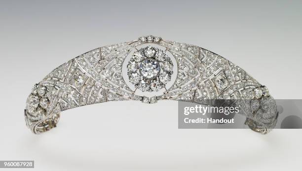 In this undated handout image released by the Royal Household, Queen Mary's Diamond Bandeau, is pictured, which is being worn by Meghan Markle for...