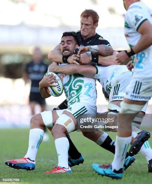 Philip van der Walt of the Cell C Sharks tackling Liam Messam of the Gallagher Chiefs during the Super Rugby match between Cell C Sharks and Chiefs...