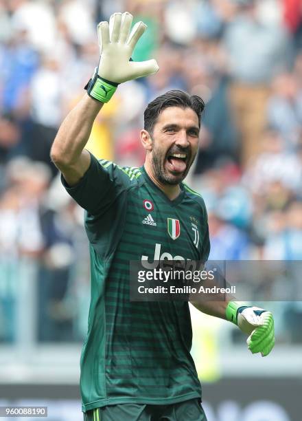 Gianluigi Buffon of Juventus FC greets the fans in his last match for the club during the serie A match between Juventus and Hellas Verona FC at...