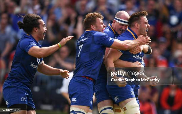 Dublin , Ireland - 19 May 2018; Jack Conan, right, celebrates with his Leinster team-mates, from left, James Lowe, Jordi Murphy and Devin Toner after...