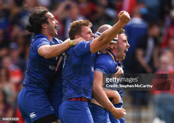 Dublin , Ireland - 19 May 2018; Jack Conan, right, celebrates with his Leinster team-mates, from left, James Lowe, Jordi Murphy and Devin Toner after...