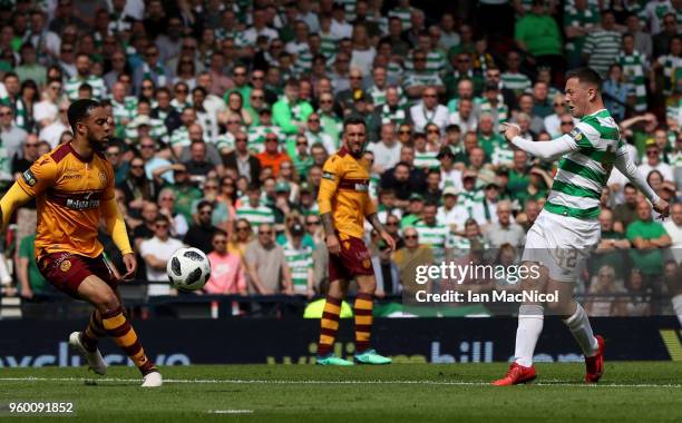 Callum McGregor of Celtic scores his sides first goal during the Scottish Cup Final between Motherwell and Celtic at Hampden Park on May 19, 2018 in...