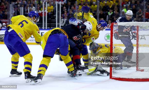 Johnny Gaudreau of the United States fails to score a goal over Anders Nilsson, goaltender of Sweden during the 2018 IIHF Ice Hockey World...