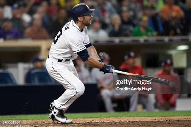 Matt Szczur of the San Diego Padres hits during the game against the Washington Nationals at PETCO Park on May 9, 2018 in San Diego, California. Matt...