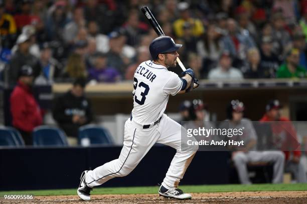 Matt Szczur of the San Diego Padres hits during the game against the Washington Nationals at PETCO Park on May 9, 2018 in San Diego, California. Matt...