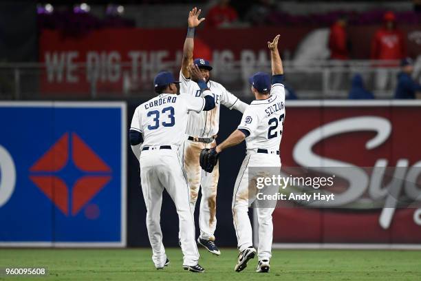 Franchy Cordero, Manuel Margot and Matt Szczur of the San Diego Padres celebrate after the final out during the game against the Washington Nationals...