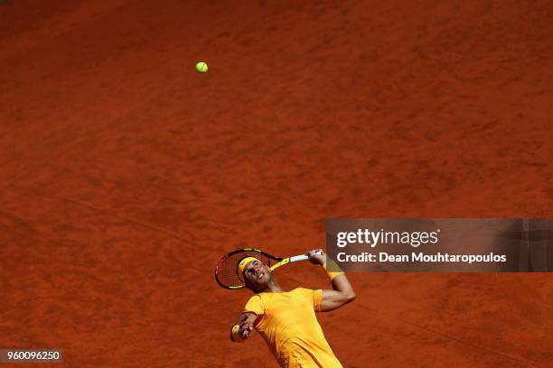 Rafael Nadal of Spain serves in his semi final match against Novak Djokovic of Serbia during day 7 of the Internazionali BNL d'Italia 2018 tennis at...