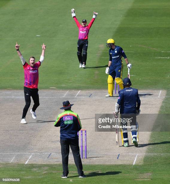 Ollie Robinson of Sussex appeals successfully for lbw against James Vince of hampshire during the Royal London One-Day Cup match between Sussex and...