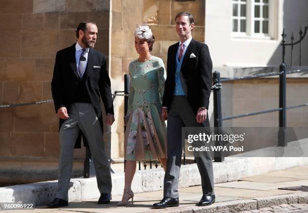 James Middleton, Pippa Middleton and James Matthews arrive at St George's Chapel at Windsor Castle for the wedding of Prince Harry and Meghan Markle...