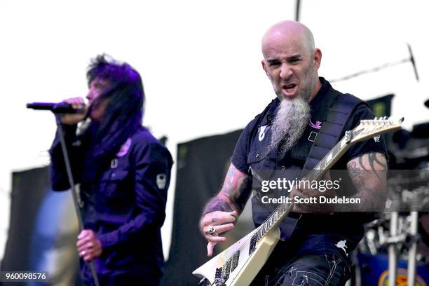 Musicians Joey Belladonna and Scott Ian of the band Anthrax performs onstage at FivePoint Amphitheatre on May 11, 2018 in Irvine, California.