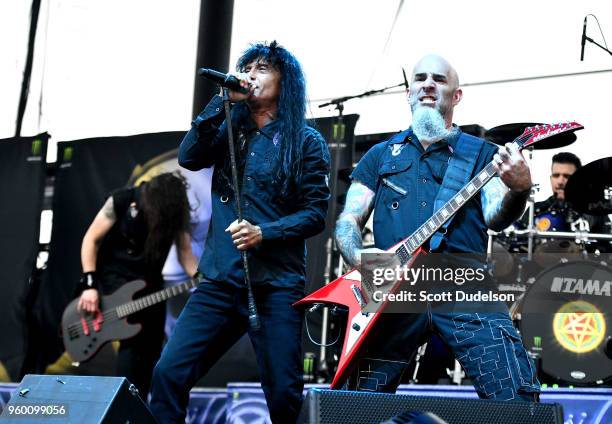 Singer Joey Belladonna and Scott Ian of the band Anthrax perform onstage at FivePoint Amphitheatre on May 11, 2018 in Irvine, California.