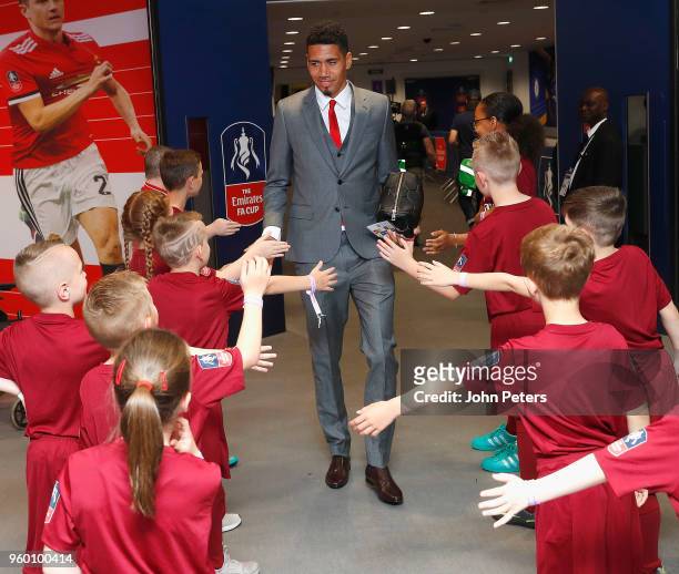 Chris Smalling of Manchester United arrives at Wembley ahead of the Emirates FA Cup Final match between Manchester United and Chelsea at Wembley...