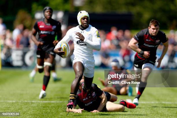 Christian Wade of Wasps on his way to scoreing a try during the Aviva Premiership Semi Final between Saracens and Wasps at Allianz Park on May 19,...