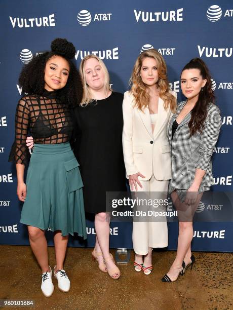 Moderator Devon Ivie, , and Actors Aisha Dee, Meghann Fahy and Katie Stevens of The Bold Type attends the Vulture Festival Presented By AT&T - Milk...