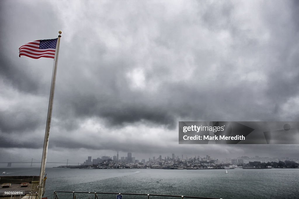 View to San Francisco skyline from Alcatraz island on a stormy day