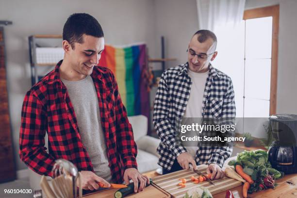 couple making dinner together - gay couple cooking stock pictures, royalty-free photos & images