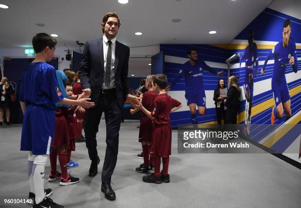 Marcos Alonso of Chelsea arrives at the stadium prior to The Emirates FA Cup Final between Chelsea and Manchester United at Wembley Stadium on May...