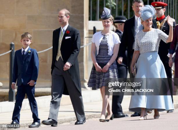 Britain's Prince Edward, Earl of Wessex, and his wife Britain's Sophie, Countess of Wessex, arrive with their children Britain's Lady Louise Windsor...