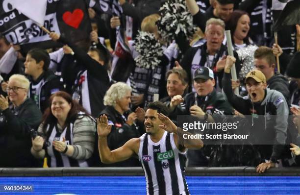 Daniel Wells of the Magpies celebrates after kicking a goal during the round nine AFL match between the St Kilda Saints and the Collingwood Magpies...