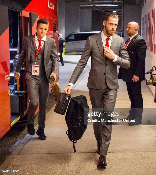 Ander Herrera and David de Gea of Manchester United arrive at Wembley ahead of the Emirates FA Cup Final match between Manchester United and Chelsea...