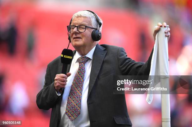 John Motson speaks on BBC Sport prior to The Emirates FA Cup Final between Chelsea and Manchester United at Wembley Stadium on May 19, 2018 in...