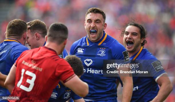 Dublin , Ireland - 19 May 2018; Jack Conan, centre, and James Lowe of Leinster celebrate winning a scrum penalty during the Guinness PRO14 semi-final...