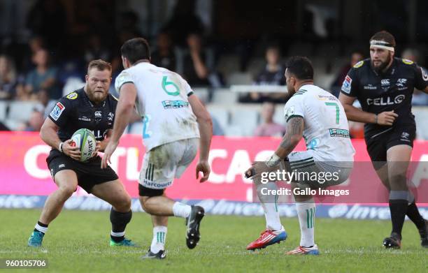 Akker van der Merwe of the Cell C Sharks during the Super Rugby match between Cell C Sharks and Chiefs at Jonsson Kings Park on May 19, 2018 in...