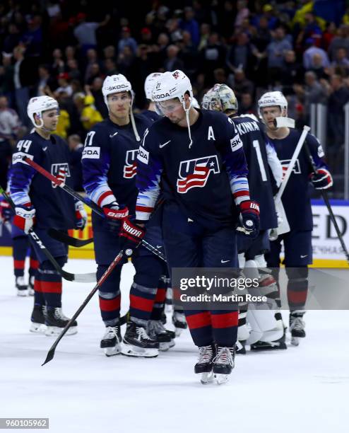 Dylan Larkin of the United States looks dejected after the 2018 IIHF Ice Hockey World Championship Semi Final game between Sweden and USA at Royal...
