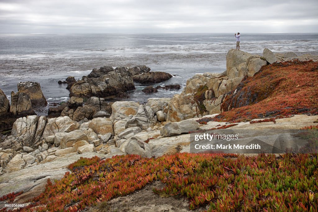 Man taking a photo on the coastline of 17 Mile Drive near Monterey, California