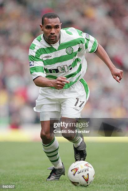 Didier Agathe of Celtic runs wth the ball during the Tennants Scottish Cup Semi-final between Celtic and Dundee United played at Hampden Park,...