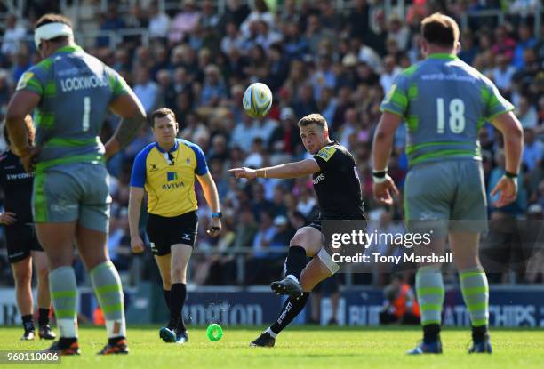 Joe Simmonds of Exeter Chiefs takes a penalty kick during the Aviva Premiership Semi Final between Exeter Chiefs and Newcastle Falcons at Sandy Park...