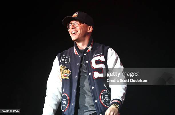 Rapper Logic performs onstage during the Power 106 Powerhouse festival at Glen Helen Amphitheatre on May 12, 2018 in San Bernardino, California.
