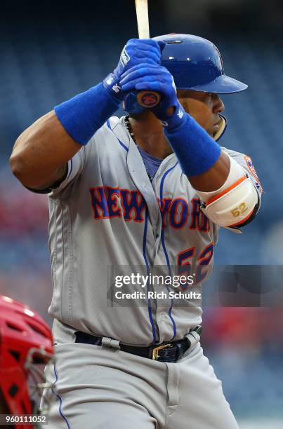 Yoenis Cespedes of the New York Mets in action against the Philadelphia Phillies during a game at Citizens Bank Park on May 11, 2018 in Philadelphia,...