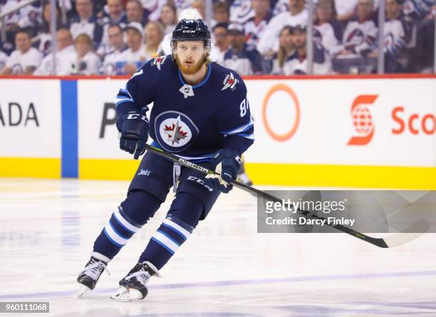 Kyle Connor of the Winnipeg Jets keeps an eye on the play during first period action against the Vegas Golden Knights in Game Two of the Western...