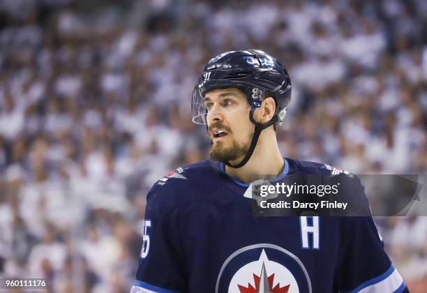 Mark Scheifele of the Winnipeg Jets looks on during a first period stoppage in play against the Vegas Golden Knights in Game Two of the Western...