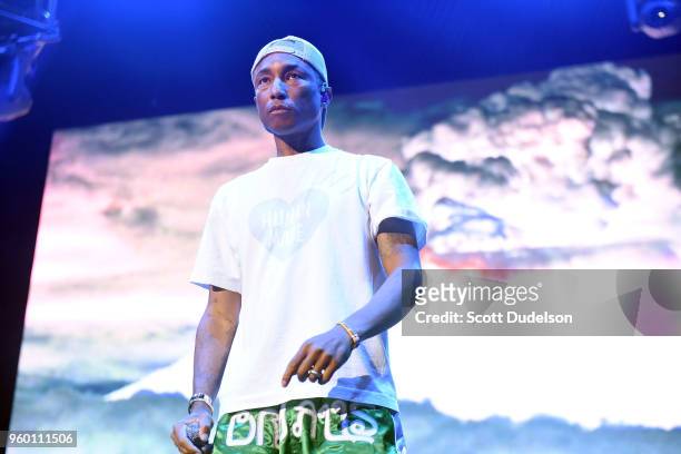 Singer Pharrell Williams performs onstage during with N.E.R.D during the Power 106 Powerhouse festival at Glen Helen Amphitheatre on May 12, 2018 in...