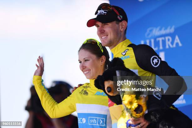 Tejay Van Garderen of USA and Team BMC Racing Team on the podium with Kendall Ryan of the United States and Team Tibco - Silicon Valley Bank after...