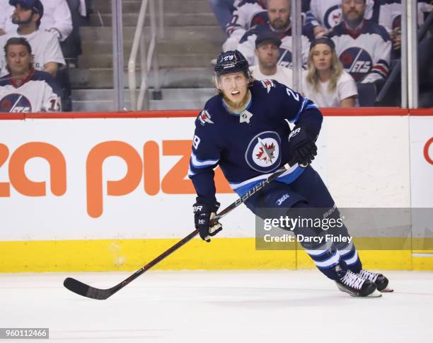 Patrik Laine of the Winnipeg Jets keeps an eye on the play during first period action against the Vegas Golden Knights in Game Two of the Western...