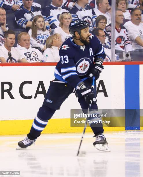 Dustin Byfuglien of the Winnipeg Jets keeps an eye on the play during third period action against the Vegas Golden Knights in Game Two of the Western...