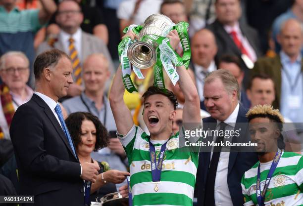 Kieran Tierney of Celtic celebrates with the Scottish Cup Trophy following the Scottish Cup Final between Motherwell and Celtic at Hampden Park on...