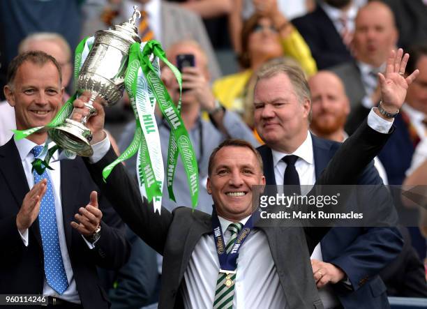 Brendan Rodgers, Manager of Celtic celebrates with the Scottish Cup Trophy following the Scottish Cup Final between Motherwell and Celtic at Hampden...