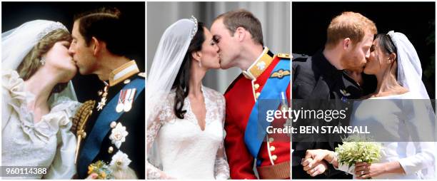 Combination of pictures created in London on May 19, 2018 shows Britain's Prince Charles kissing his bride Diana, Princess of Wales during their...