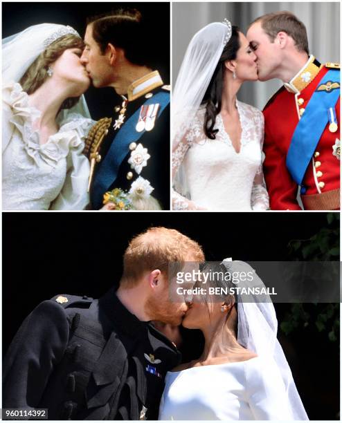 Combination of pictures created in London on May 19, 2018 shows Britain's Prince Charles kissing his bride Diana, Princess of Wales during their...