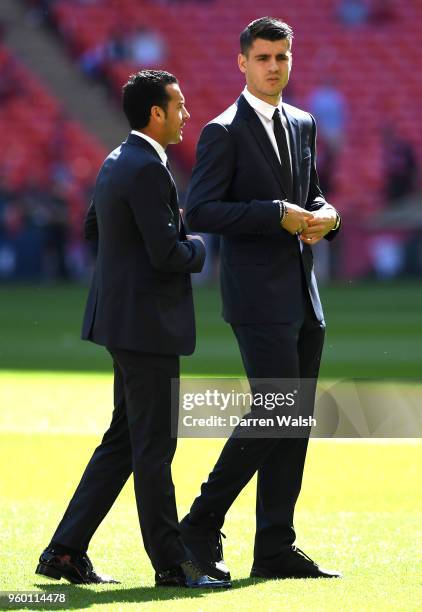 Alvaro Morata of Chelsea and Pedro of Chelsea inspect the pitch prior to The Emirates FA Cup Final between Chelsea and Manchester United at Wembley...