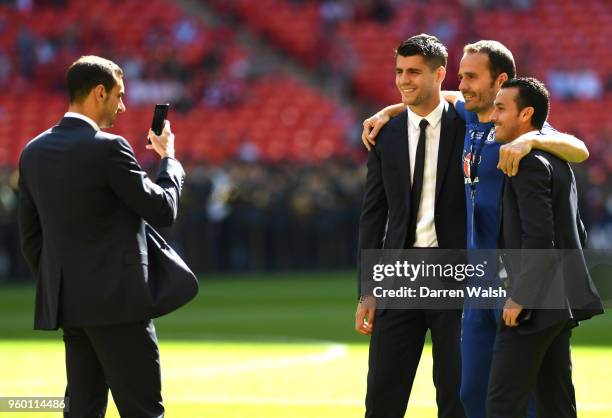 Alvaro Morata of Chelsea and Pedro of Chelsea inspect the pitch prior to The Emirates FA Cup Final between Chelsea and Manchester United at Wembley...